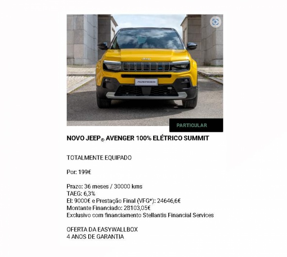NOVO JEEP® AVENGER 100% ELÉTRICO SUMMIT TOTALMENTE EQUIPADO Por: 199€ NOVO JEEP® AVENGER 100% ELÉTRICO SUMMIT TOTALMENTE EQUIPADO Por: 199€