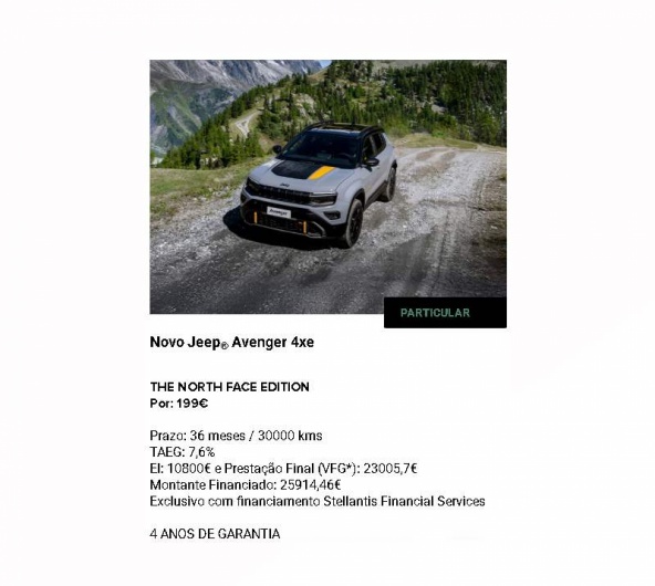 Novo Jeep® Avenger 4xe THE NORTH FACE EDITION Por: 199€ Novo Jeep® Avenger 4xe THE NORTH FACE EDITION Por: 199€