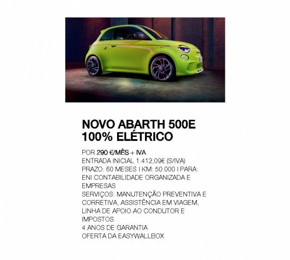 RENTING NOVO ABARTH 500e 100% ELTRICO Por 290 /ms +IVA*