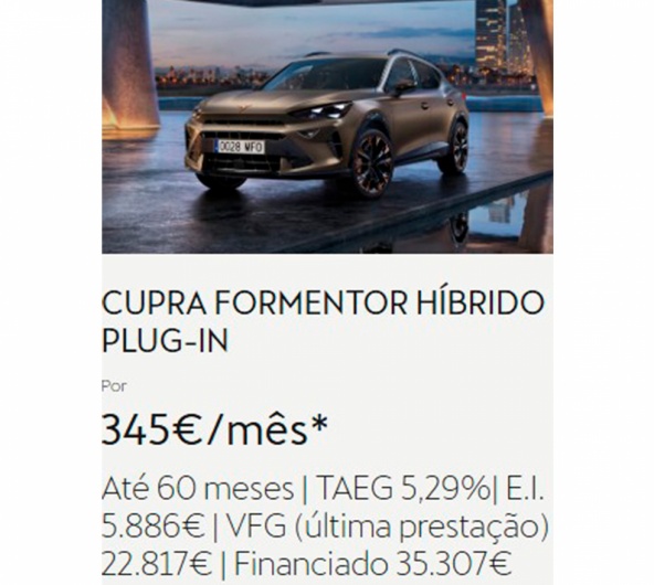 Campanha CUPRA FORMENTOR HBRIDO PLUG-IN para Particulares por  345/ms*
