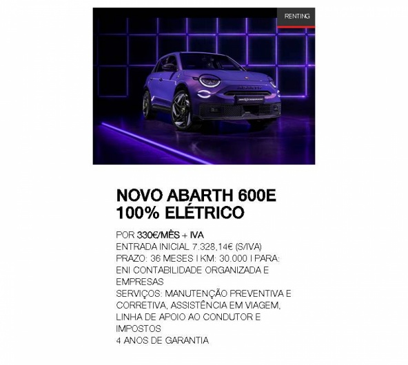 RENTING NOVO ABARTH 600e 100% EL�TRICO Por 330�/m�s + IVA*
