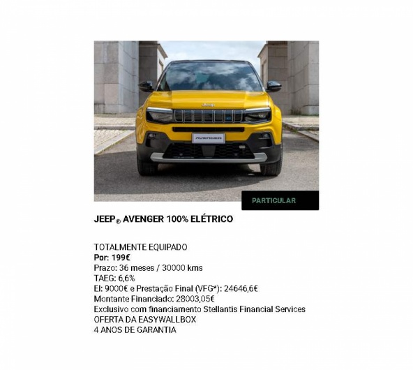 JEEP® AVENGER 100% ELÉTRICO TOTALMENTE EQUIPADO Por: 199€* JEEP® AVENGER 100% ELÉTRICO TOTALMENTE EQUIPADO Por: 199€*