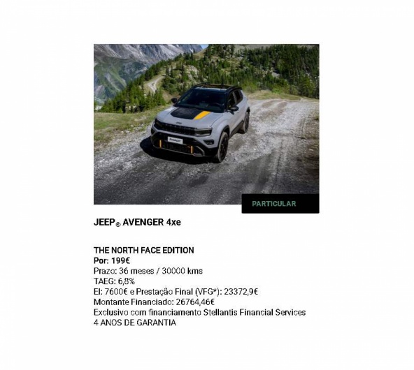 JEEP® AVENGER 4xe THE NORTH FACE EDITION Por: 199€* JEEP® AVENGER 4xe THE NORTH FACE EDITION Por: 199€*